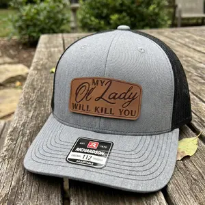 My Ol Lady Will Kill You Funny Leather Patch Hat, Retro Humorous Marriage Quote Engraved Snapback, Classic Pop Culture Joke Wear
