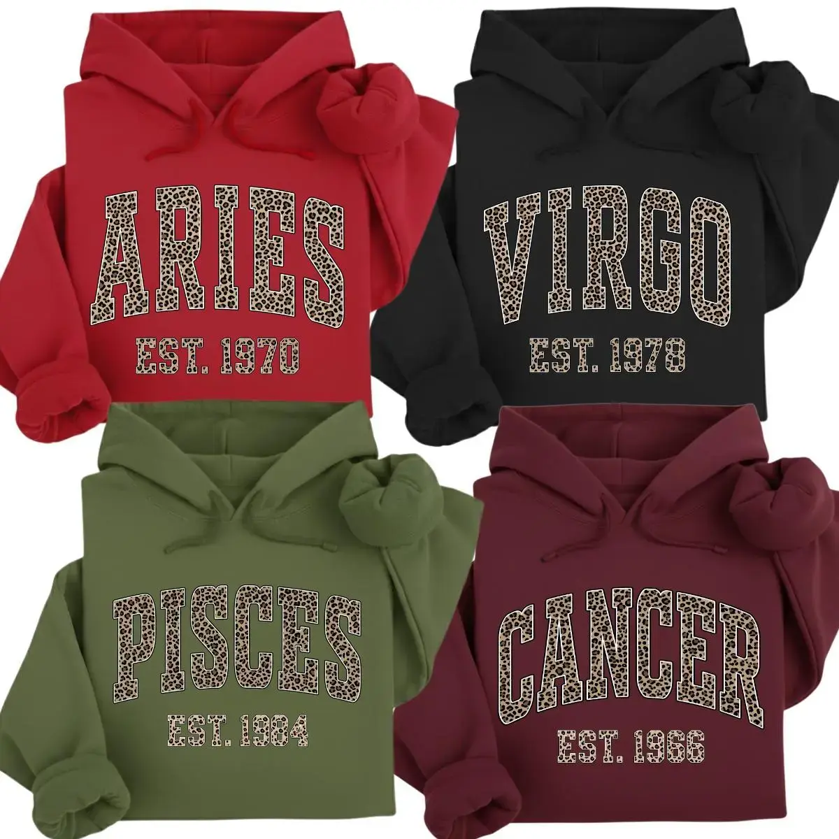 (LEAVE A NOTE OR DM SHOP) Full 12 Zodiac Leopard Print Hoodie – Minimalist Astrology Sign Pullover with Optional EST Birth Year - AG