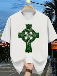 Men's Celtic Christian Holy Trinity Cross Knot T-Shirt - Irish Scottish Celticist Green Knot Design, Round Neck Casual Shirt for St 's Day, Year-Round Celtic Apparel, Durable Print for cultural & religious Celebrations