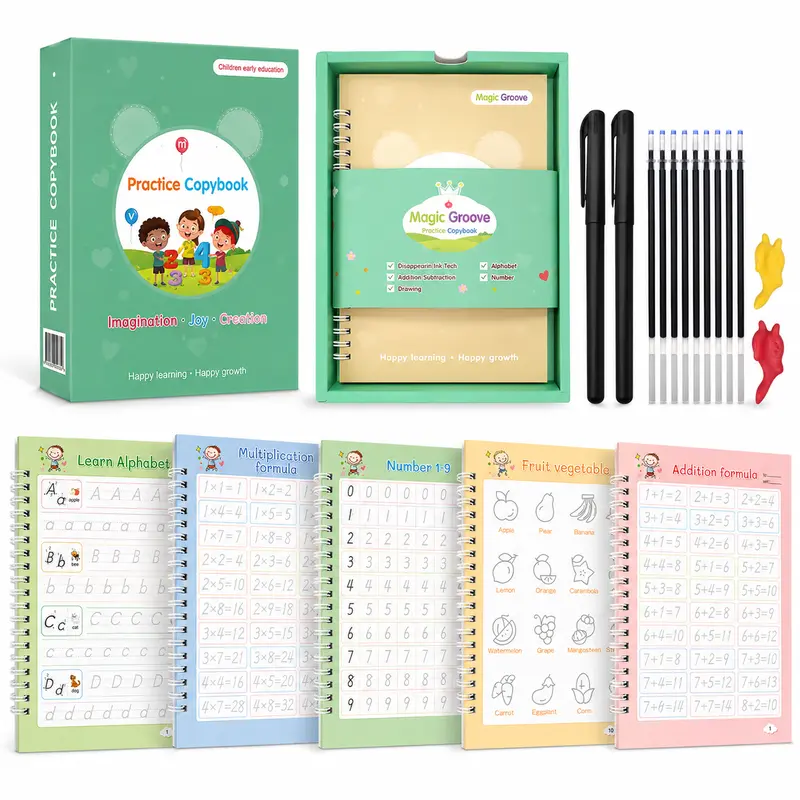 Kids Reusable Handwriting Practice School Bundle - 5 Magic Groove Tracing Workbooks, 2 Pens, 10 Refills, 2 Pen Grips, Reusable Paper, Alphabet & Drawing Tools for Developing Handwriting Skills, Preschool Educational Back to School Gift