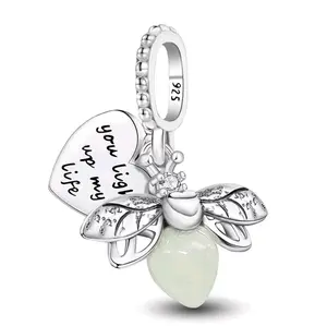 Heidy Claddy Glow in the Dark Firefly Charm, 925 Sterling Silver, Features Heart and Bead, Includes Keyring