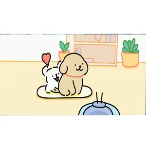 White Desk with Silver-Framed Monitor, Laptop, Yellow Cartoon Dog Desk Mat (Cute Brown Dog, Red Collar, White Spotted Dog, Red Heart, Blue Pot Plants), Gray Office Chair, Warm Yellow Lights, Beige Wall Framed Picture - Cozy Pastel Office Desk Setup