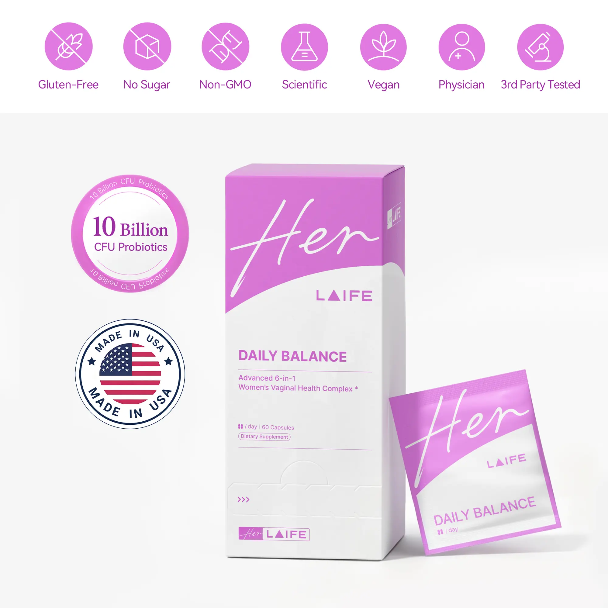 Laife Women’s Daily Balance Supplement – 10 Billion CFU Vaginal-Specific Probiotic – Feminine & Hormonal Balance Support – With Flaxseed, Fenugreek, Damiana & Urolithin A – Intimate & Whole-Body Wellness for Women-60 capsules