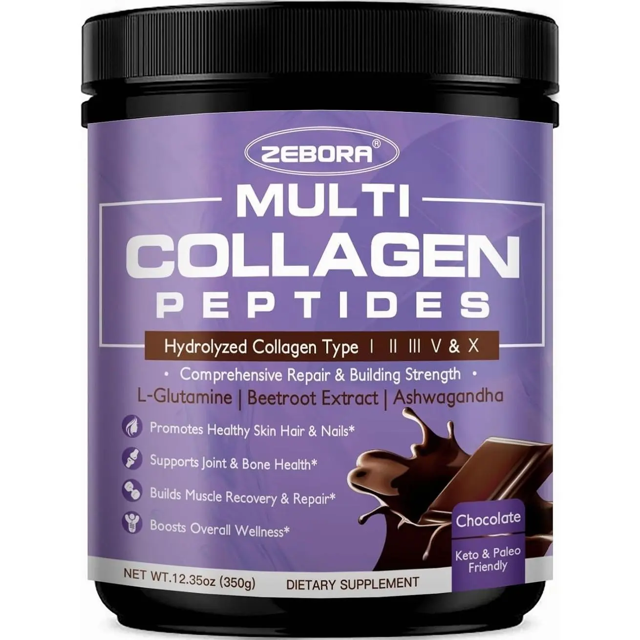 ZEBORA Chocolate Multi Collagen Peptides with Vitamin C, Type I II III V X Hydrolyzed Collagen Powder for Women & Men with L-Glutamine & Ashwagandha, Skin Hair Nails Joint & Gut, Non-GMO, 35 Servings