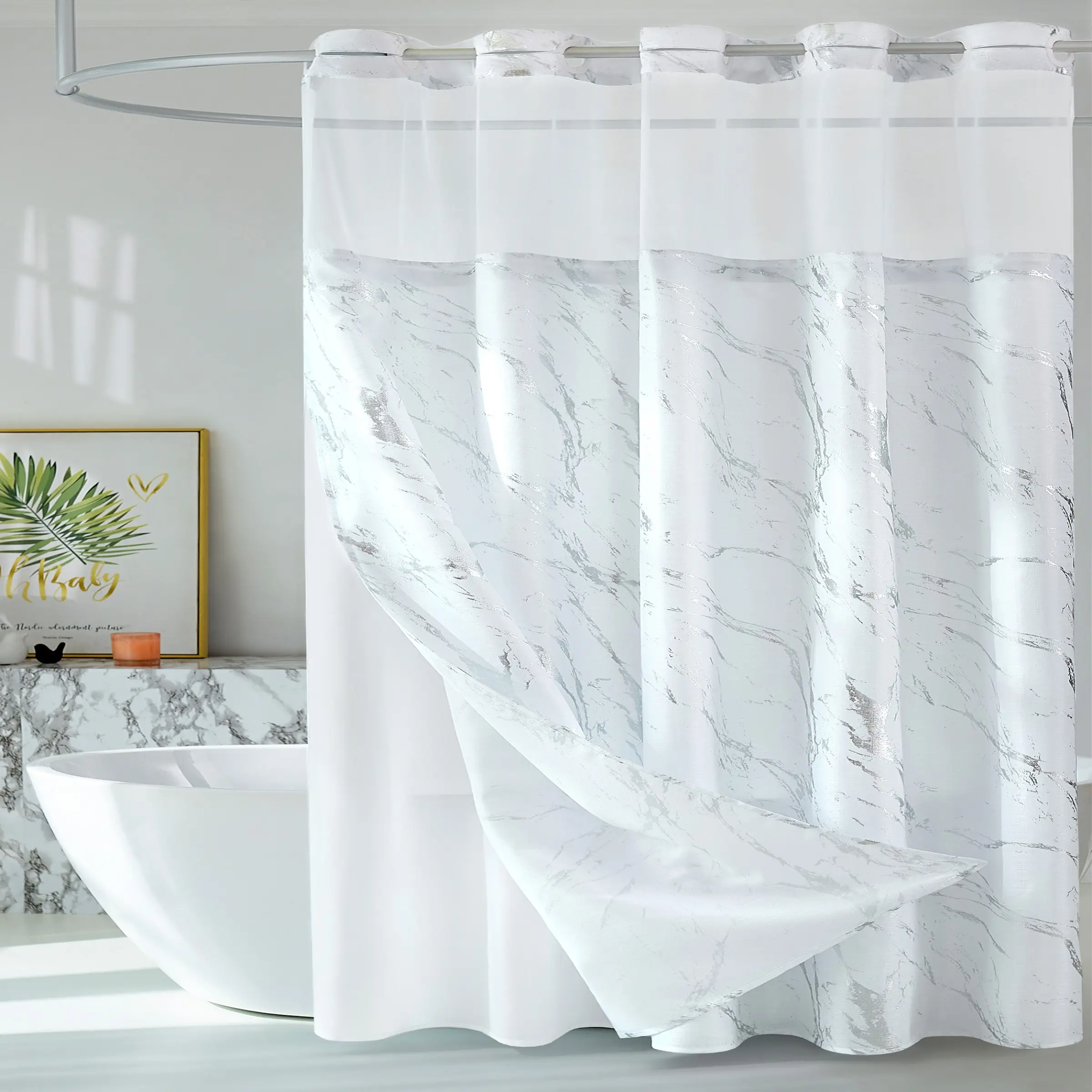 Glossy Marble Print Hookless Shower Curtain, Shower Curtain No Hooks, Double-Layer Hook-Free with Snap-On Liner, Clear Top Window, Waterproof Easy-Clean Fabric, Hotel Style for Restroom & Bathtub, Decoration Accessories