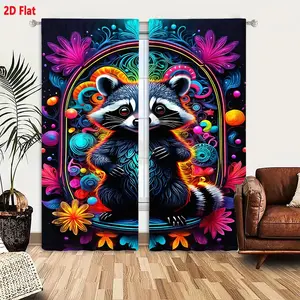 2D Flat  Neon Raccoon Psychedelic Curtain 2 Piece Set, Black Background with Glowing Blue Patterns, Bright Floral & Neon Ornate Border Design, Colorful Decorative Window Curtains for Bedroom Living Room, Vibrant Electric Artistic Style