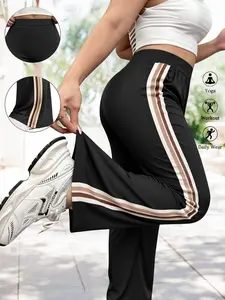 Women's High-Waisted Striped Flare Pants, Elastic Sportswear, Ideal for Gym, Running, Casual Wear, Easy Care, Street Style, Flared Athletic Pants