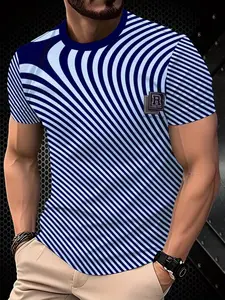 Men's 3D Checkered Print T-Shirt, Blue Striped Short Sleeve Round Neck Summer Tropical Casual Shirt, Soft Breathable Fabric