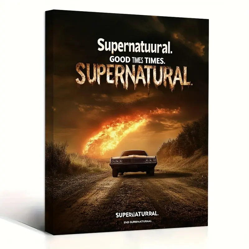 1 Piece <Supernatural> TV Series Wooden Frame Canvas Wall Art Poster - Vintage Car and Flame Sky Scene, Country Style Farmhouse &amp; Vintage Decoration, Living Room Bedroom Home Office Interior Wall Decoration, Vintage Wall Painting, Bedroom Artwor