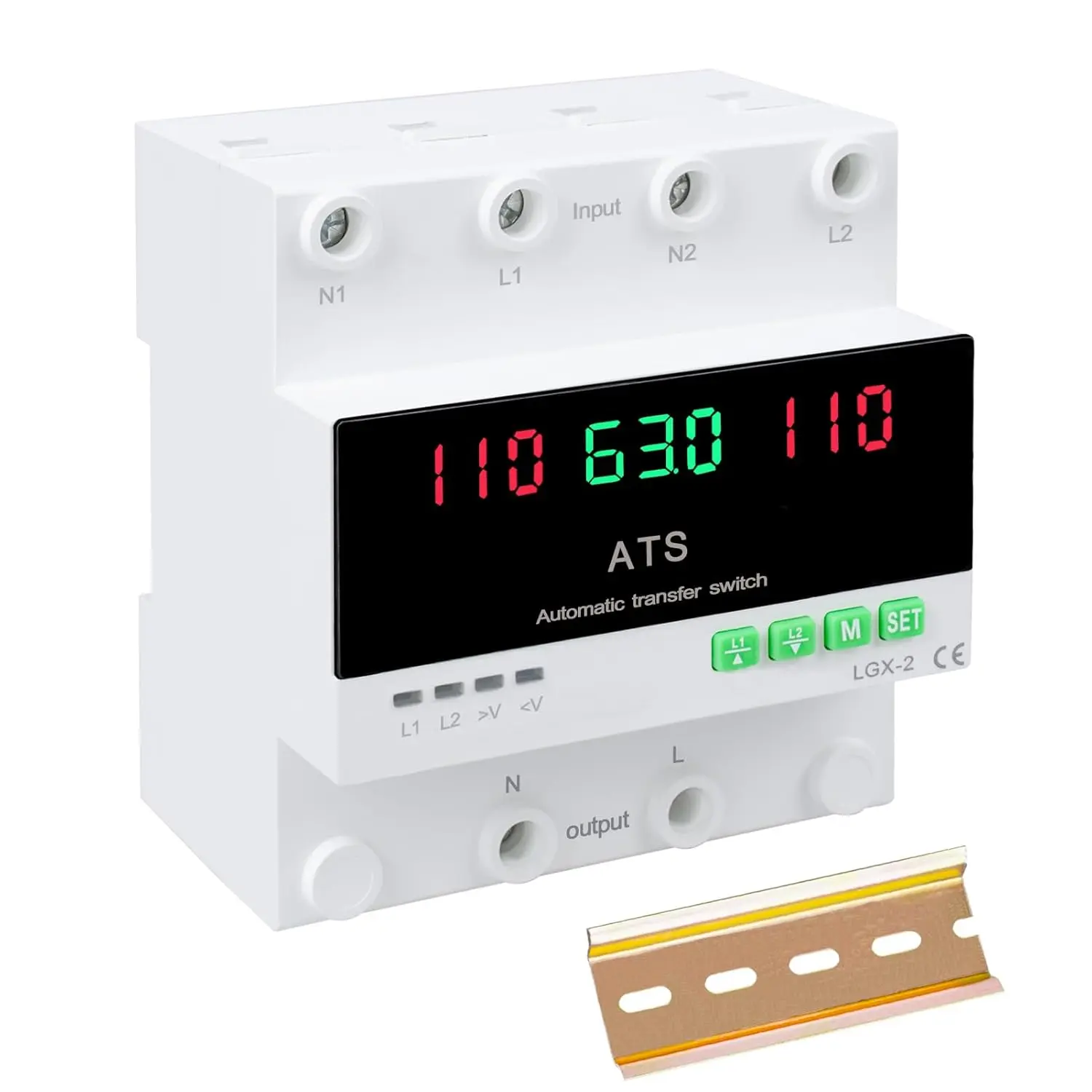 63A 110V Automatic/Manual Transfer , Dual Power Selector with LED Display, L1 Priority, DIN Rail Mount,50/60Hz CE Certified ATS for Generator and Backup Power