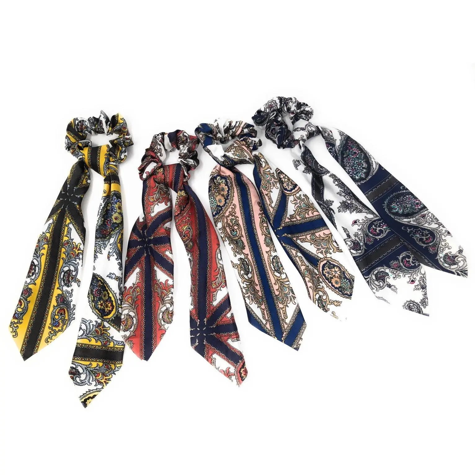 Printed Paisley Satin Scrunchies for Women, Ponytail Holder Hair Tie for Girls, Long Tail Scarf Scrunchies for Women, Scarf Scrunchies