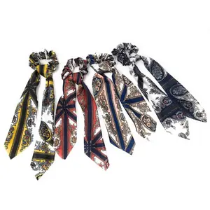 Printed Paisley Satin Scrunchies for Women, Ponytail Holder Hair Tie for Girls, Long Tail Scarf Scrunchies for Women, Scarf Scrunchies