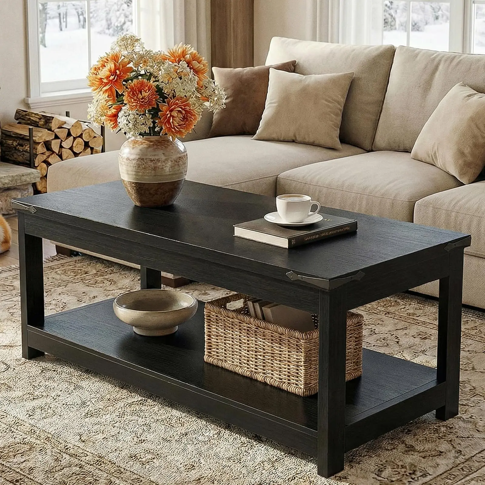 Farmhouse Coffee Table with Storage Shelf – 43" Black Wood Center Table
