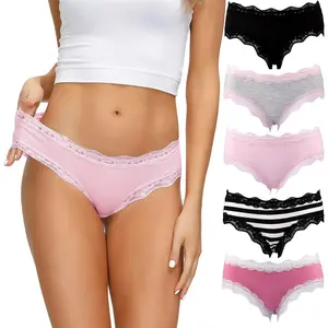 Women’s 5-Pack Bulk Pack High-Stretch Chantilly Lace-Accented Printed Cotton-Spandex Brief Panties, Comfortable Lightweight Breathable Feminine Everyday Fit Underwear, Bulk Packaged Briefs, Pack Briefs