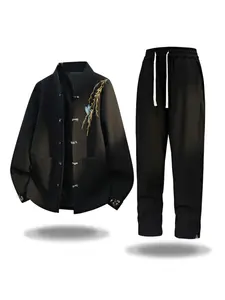 1set Men's Autumn-Winter Casual Fashion Short Lapel Leaf and Bird Pattern Embroidered Chinese Style New Chinese Style Long-Sleeved Coat Comfortable Straight-Tail Pants Set, with Drawstrings and Pockets