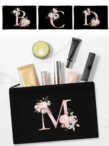 Letter & Floral Pattern Makeup Bag, Zipper Makeup Organizer Pouch, Cosmetic Storage Bag, Travel Cosmetic Bags, Travel Toiletry Storage Bag for Makeup Brushes, Skincare Products, Lip Balms, Eyeliners, Mirror, Stationery