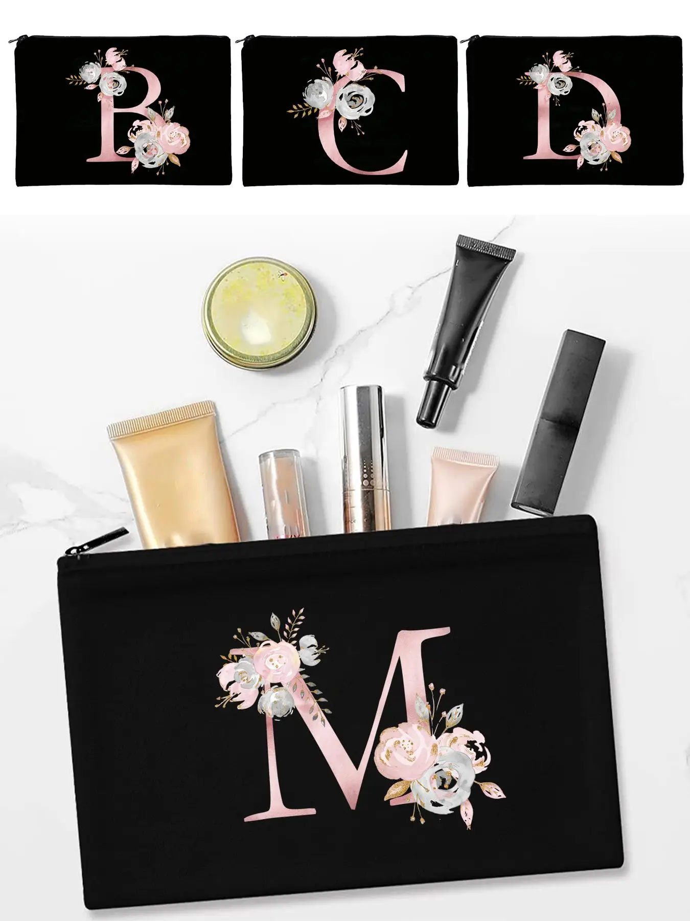 Letter & Floral Pattern Makeup Bag, Zipper Makeup Organizer Pouch, Cosmetic Storage Bag, Travel Toiletry Storage Bag for Makeup Brushes, Skincare Prod