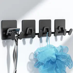 Stainless Steel Adhesive Shower Hooks, 4-Pack Matt Black Extra Sticky Wall-Mounted Double Hooks for Bathroom Razor, Loofah, Towel, plus Home Use for Coat, Key