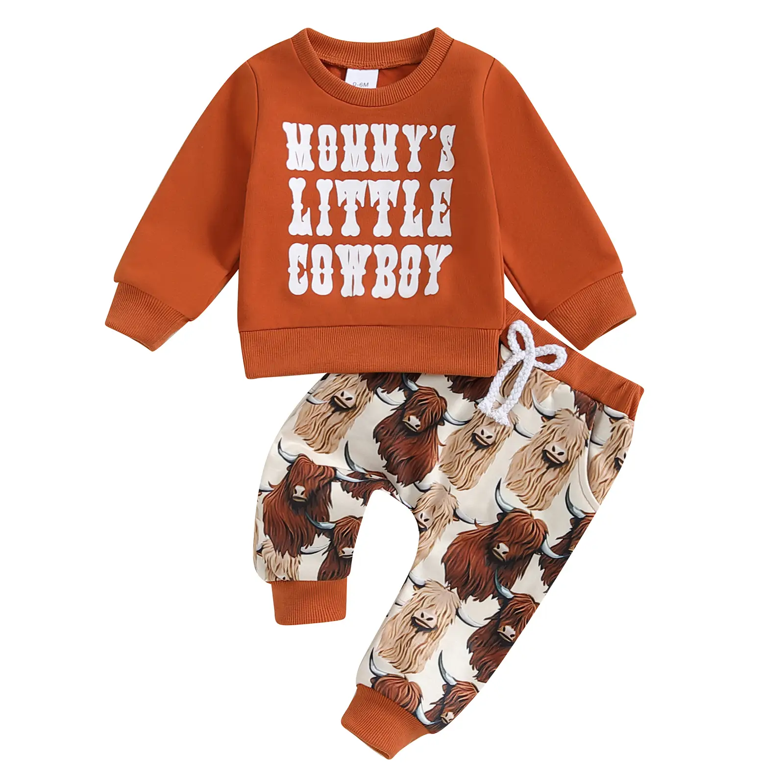 0-3T Toddler Baby Boys Fall Winter Outfits Western Cowboy Letter Print Long Sleeve Sweatshirts and Western Cow Print Long Pants 2Pcs Clothes Set
