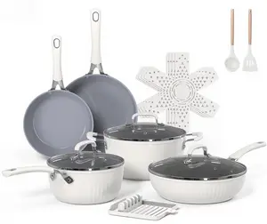 Ammeloo 15-Piece Ribbed Ceramic Cookware Set, Pots and Pans Set Non Stick, Induction Ready, Healthy Non Toxic Kitchen Cooking Set PFAS/PFOA/PTFE-Free, Silicone-wrapped Stay-Cool Handle