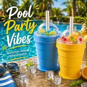 Trendy 2-in-1 Ice Hockey Cup | Collapsible Silicone Ice Ball Maker Cup | Portable Foldable Travel Tumbler with Straw & Lid | Leakproof Reusable Summer Cold Drink Cup for Iced Coffee, Juice & Whiskey Drinkware