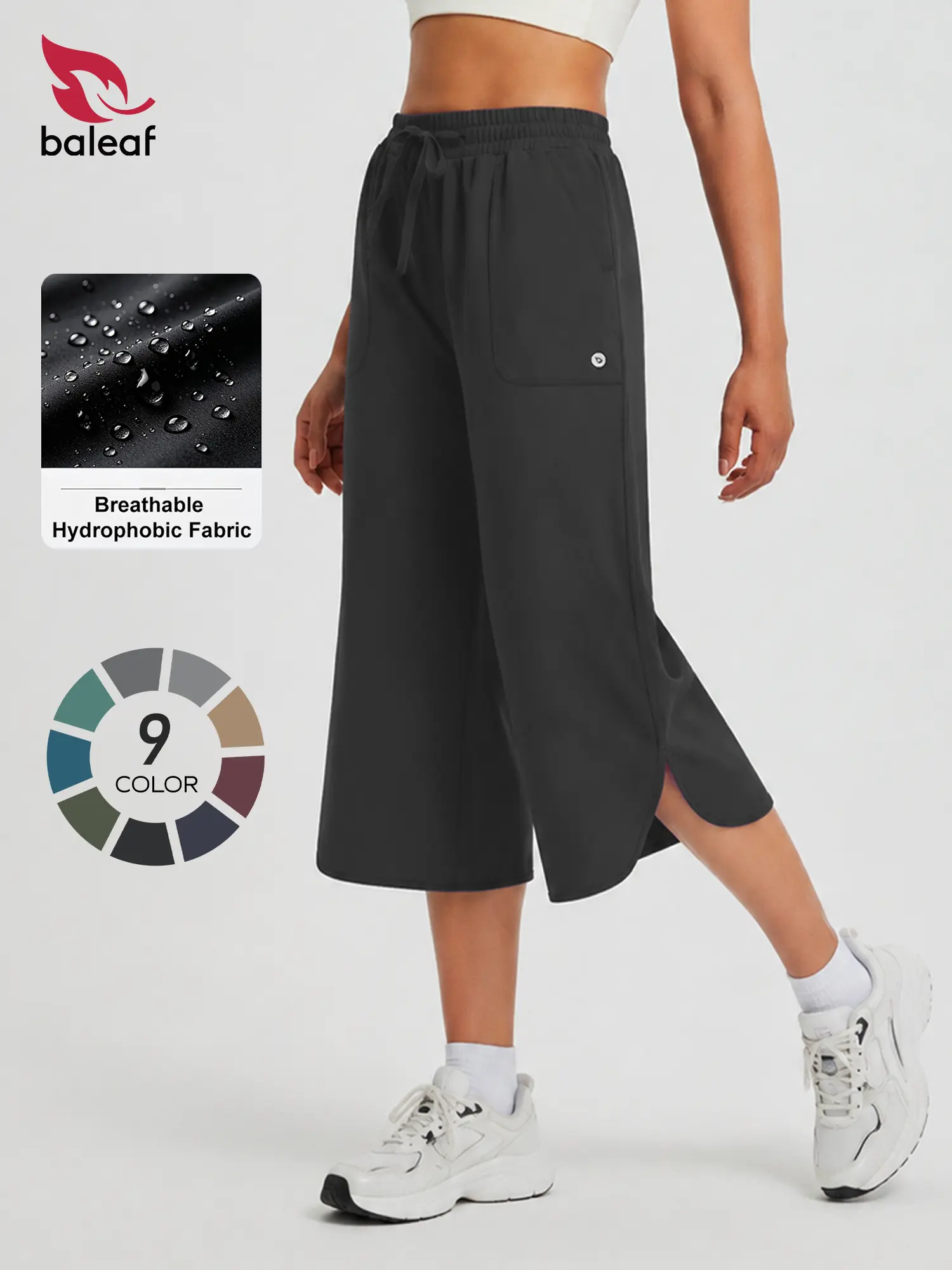 BALEAF Women's 20" Wide Leg Adjustable Fit Capri Pants - Quick Dry, Lightweight, High Waisted, Tummy Control, UPF 50+, Breathable, Polyester, Deep Side Pockets - Active Lounge Pants for Hiking, Travel