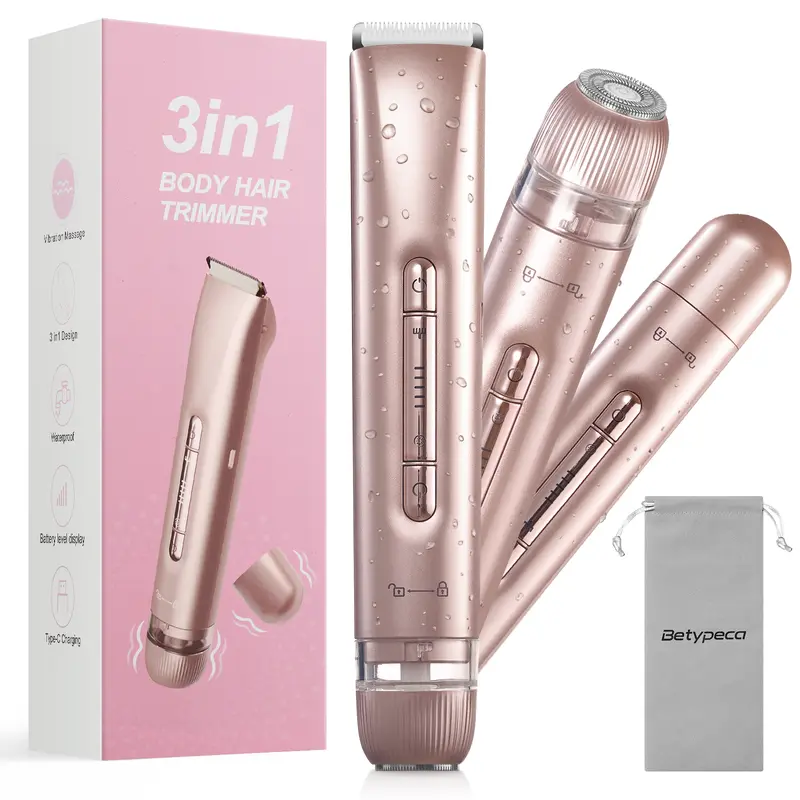 Women's 3-in-1 Rechargeable Shaver Kit, Lightweight & Cordless Travel Trimmer, Clipper & Shaver for Facial Hair Removal, IPX7 Waterproof, Showerproof Cordless Shaver