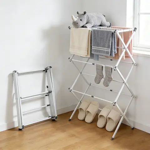 Aluminum Laundry Hanging Rack - Folding Clothing Rack with Quick Fold & Go, Space-Saving Design, Compact Durable Household Items for Indoor-Outdoor Home Use