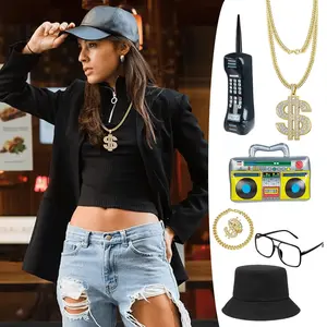 7 pcs 80s 90s Hip Hop Costume Outfit Kit Rapper Costumes Accessories Mobile Phone Inflatable Radio Box Necklace Bracelet Ring Glasses Hat Fashion Accessories