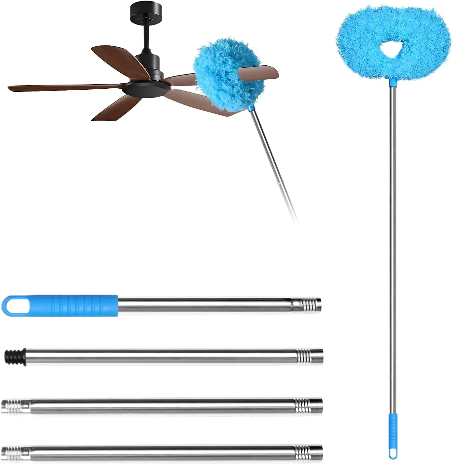 Microfiber-Aluminum Ceiling Fan Tool Kit with Extendable Adjustable Stick, 2 Bendable Heads - Indoor Stick Dusters/Duster Heads for High Surfaces, Fans, Vents