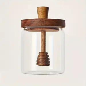 Premium Honey Jar - 1pc, High Borosilicate Glass Honey Bottle with Wooden Stirring Stick, Kitchen Storage Tin Organiser