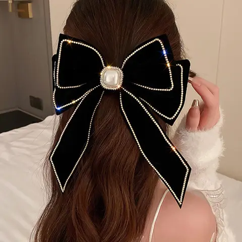 Women's Elegant Rhinestone & Faux Pearl Decor Pretty Bow Hair Clip, Trendy Exquisite Bowknot Hair Clip, Chic Hair Accessories for Hairstyle Decor, Hairpins, Pearl Hair Clips, Bows for Hair, Fashion Hair Accessories