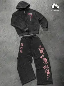 Men's Cotton Two-Piece Set, Floral Print Hooded Sweatshirt & Wide Leg Pants, Casual Spring Fall Winter Sportswear, Fashion Design, Sweatsuit Set Outfit