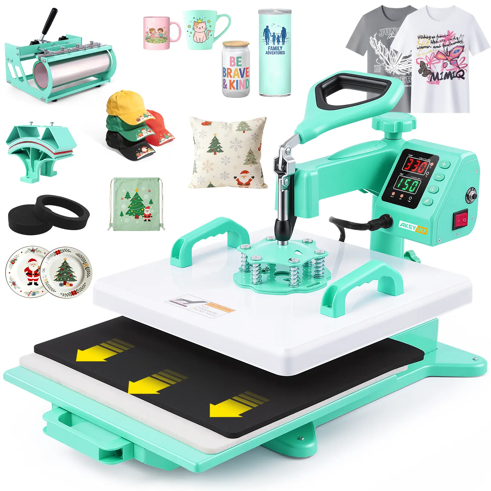 AKEYDIY 15"x 15" Heat Press Machine, 5 in 1 Professional Sublimation Machine Digital Heat Transfer with 360° Swing Away Design for T-Shirts/Tumblers/Mugs/Hats/Plates/Caps, Industrial-Quality Press Machine with 30OZ Tumbler Press, Crafty Gifts