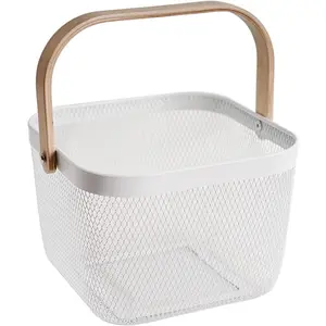 Metal Mesh Steel Harvest Basket, Square Wire Garden Basket with Handle - Multi-Functional Storage Organizer for Gathering Vegetables, Fruits, Kitchen, Garden, Picnic & Cabinet (White)