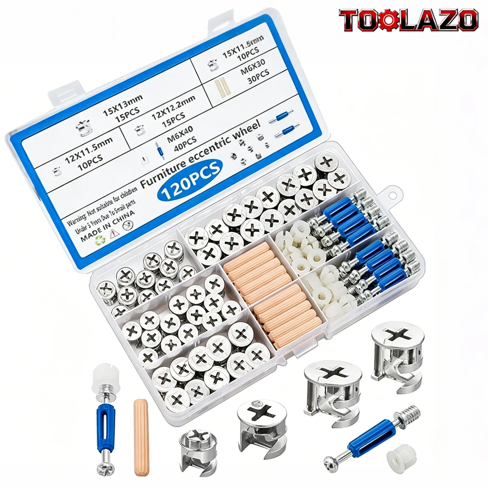 120Pcs Cam Locks for Furniture Assortment Kit | 3-in-1 Eccentric Hardware Wheels with Wood Dowel Pins | Cam Lock Nuts, Screws & Twist Lock Fasteners | Heavy-Duty Repair Kit for Cabinet, Drawer, Closet & Wardrobe Assembly