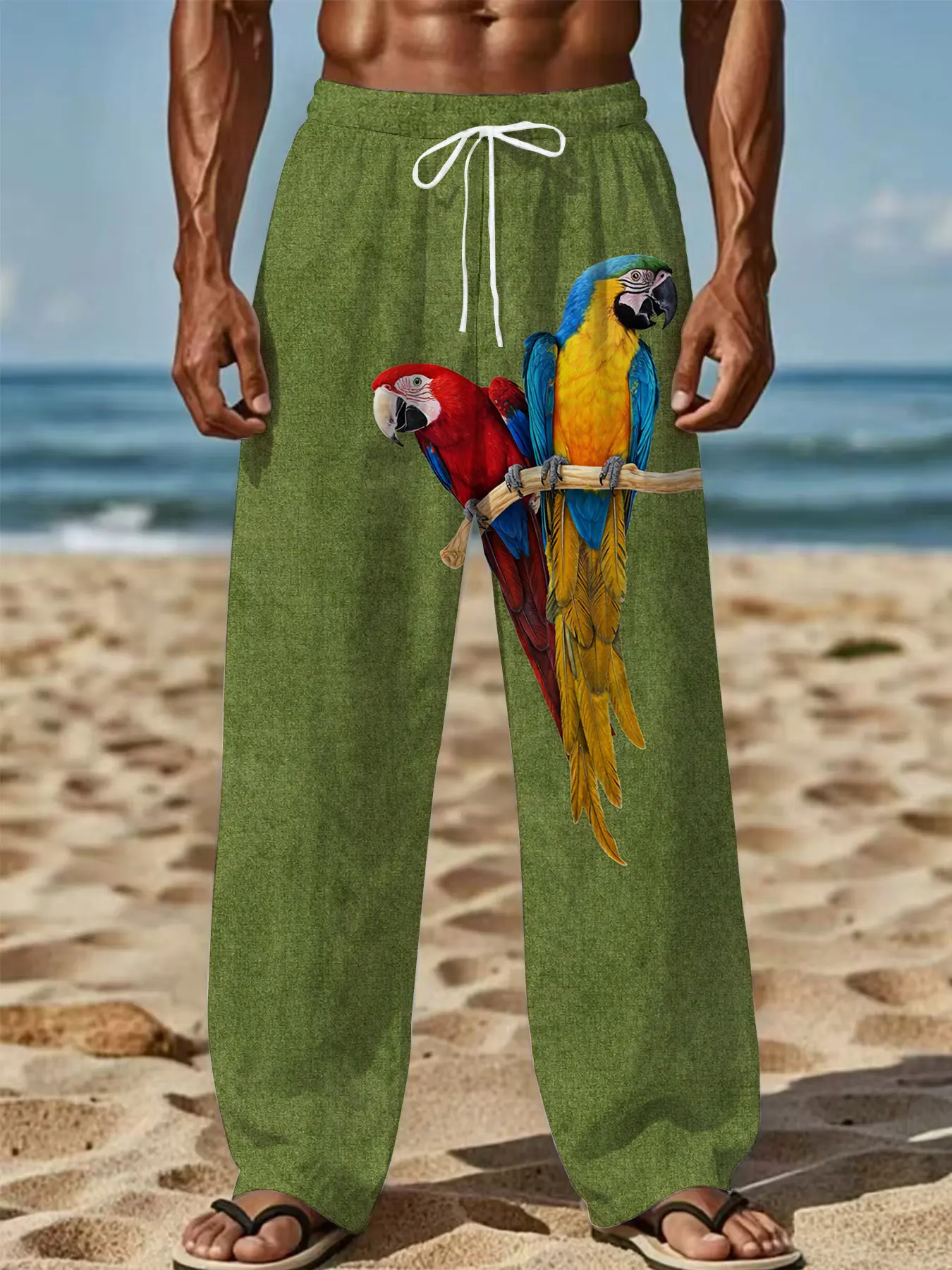 Green background parrot print drawstring casual tropical beach pants, men's loose long pants with a vacation style beach trousers, Casual Wear Bottoms