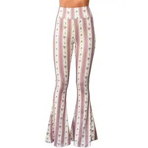 Daisy Del Sol Women’s Flare Stretch Yoga Comfortable High Waisted 70s Hippie Bohemian Floral Stripe Print Legging Loungewear Festival Forbidden Pants Bell Bottoms  - Pink Coquette