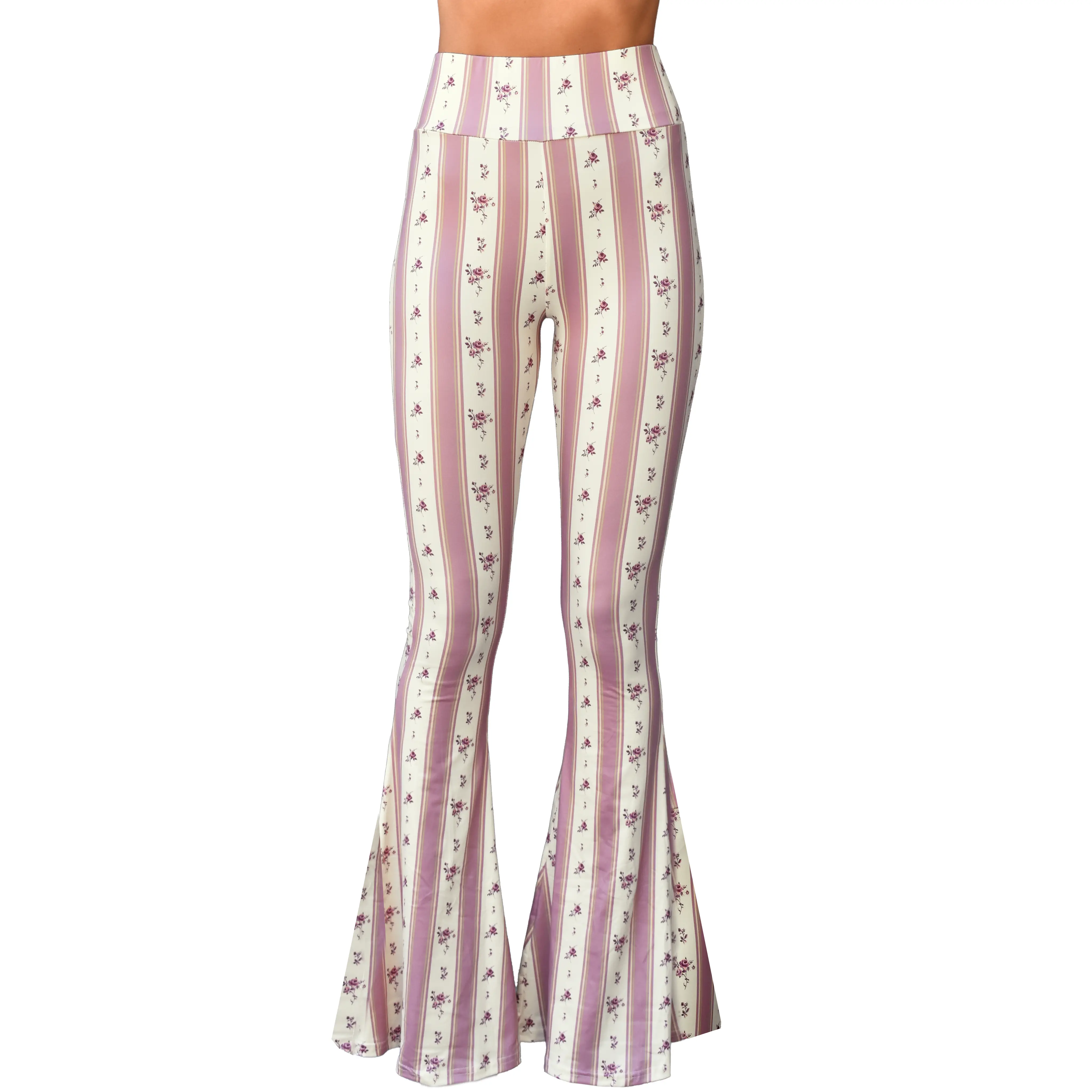 Daisy Del Sol Women’s Flare Stretch Yoga Comfortable High Waisted 70s Hippie Bohemian Floral Stripe Print Legging Loungewear Festival Forbidden Pants Bell Bottoms  - Pink Coquette