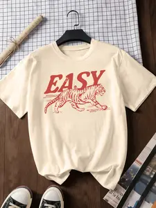 Women’s Easy Tiger Round Neck Graphic Statement Tee | SpringFashion2026 Retro Streetwear Casual Summer T-Shirt | Comfortable Polyester Loose Fit Top