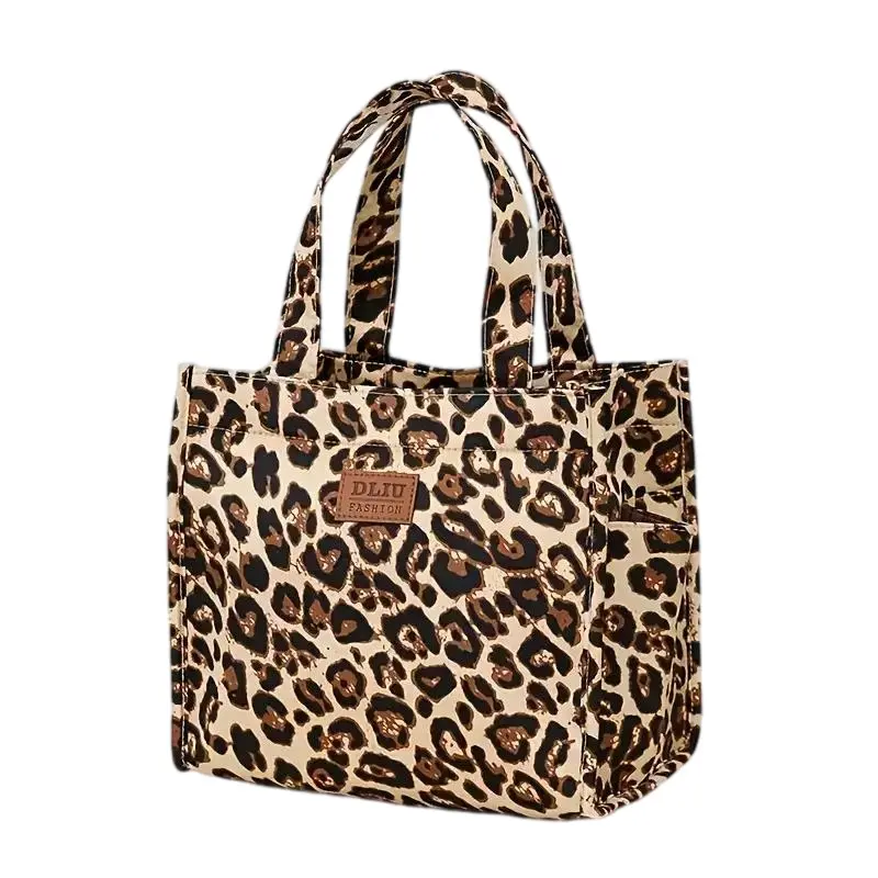 Leopard Print Square Polyester Canvas Camping Cool Bag - Zipper Closure, No Printing, No Built-in Coating, Hand Wash Only, 23x19x16cm, for Hiking & Camp Kitchen Use