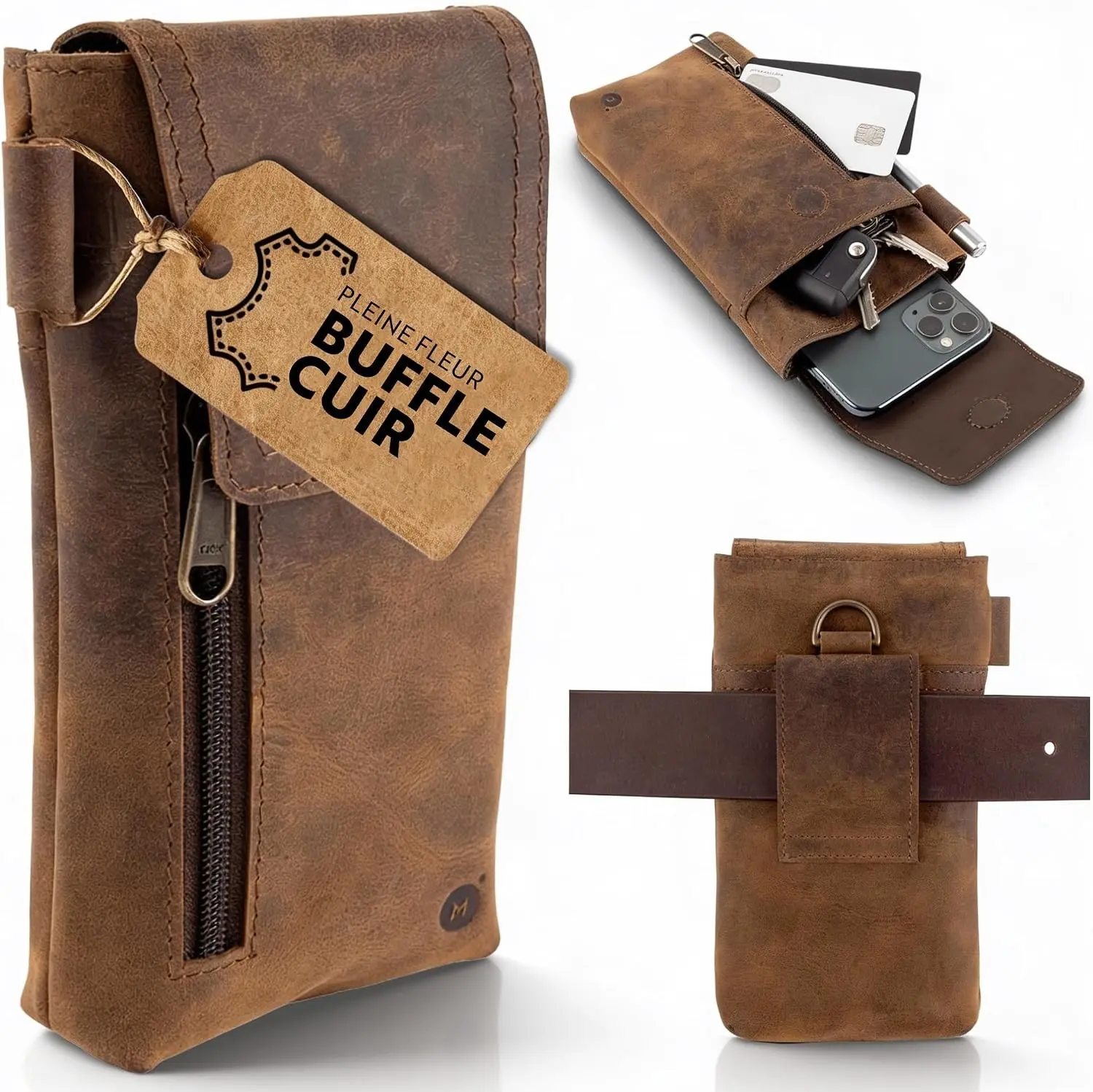 Leather Phone Holster – Genuine Full-Grain Leather for iPhone 17/16/15/14 Pro Max & Plus, Galaxy S25/S24 Ultra – Slim Belt Clip Phone Pouch with Magnetic Closure, Fits Thick Cases – 7” x 3.5”