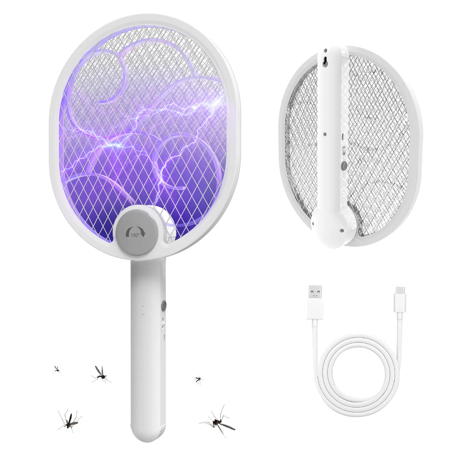 2-in-1 Cordless Electronic Mosquito Zapper, Rechargeable 1200mAh Foldable Handheld Rotatable Mosquito Killer, 3-Layer Mesh Anti-Electric Shock Safety Design, Purple UV Light for Indoor & Outdoor Use, Cordless Mosquito Zapper