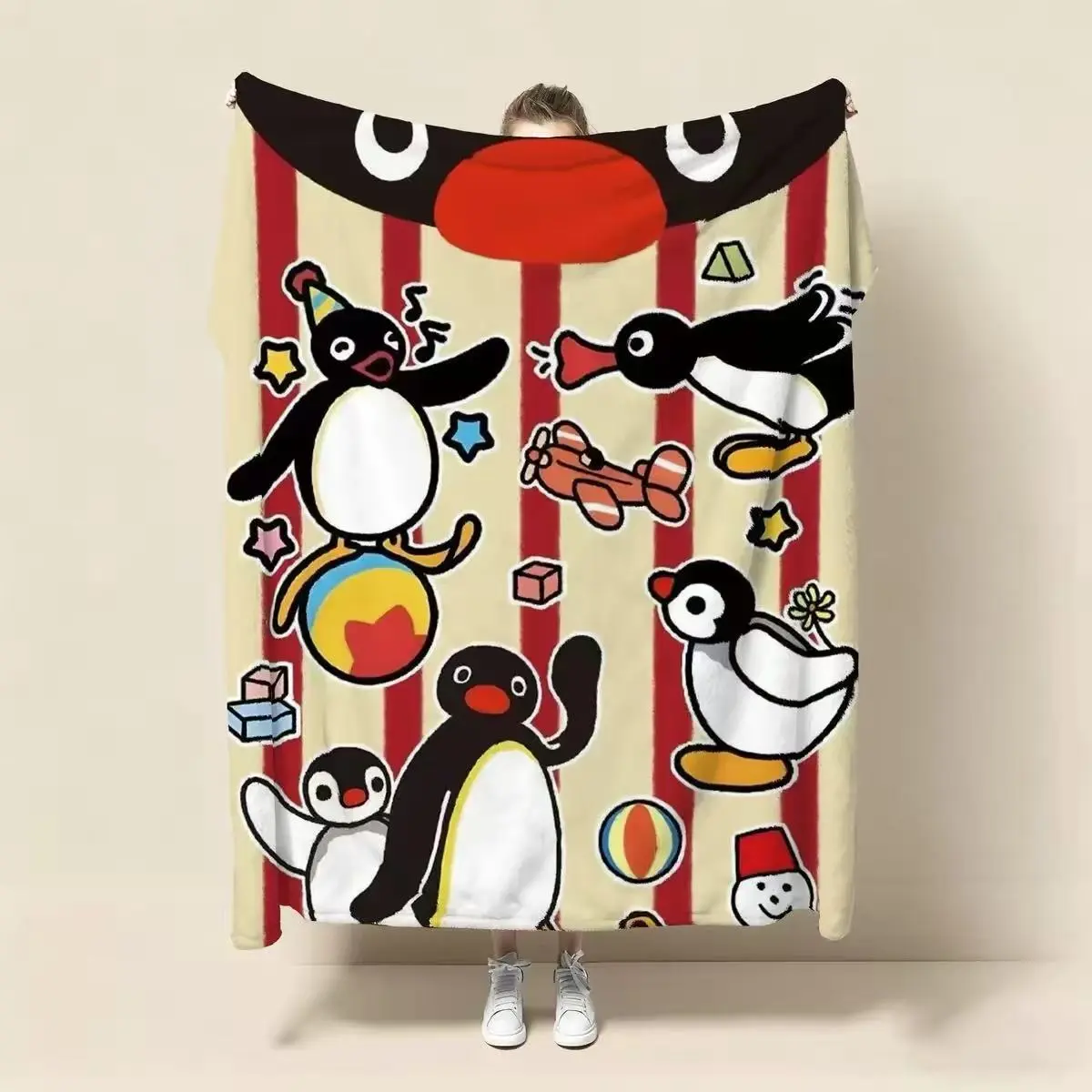 Customized Print Cotton Penguin Flannel Shawl Blanket - Personalized Blankets for Office Naps, Thick Warm Bedroom Use, Machine Washable
