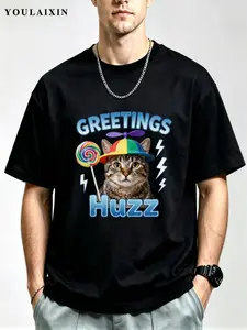 funny graphic tee men printed t-shirt casual daily wear cute adorable playful tabby cat with propeller beanie hat and swirl lollipop fun friendly greeting design with eye-catching lightning bolt accents Soft Cotton relaxed fit style S-3XL Unisex T-Shirt