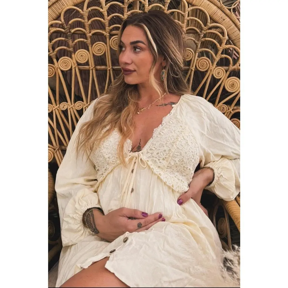 beige crochet lace button front maternity dress Pink crochet