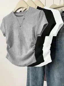 Side Ruched Waist Slim Fit Crop Top 3 Pack - Grey Black & White Casual Tees