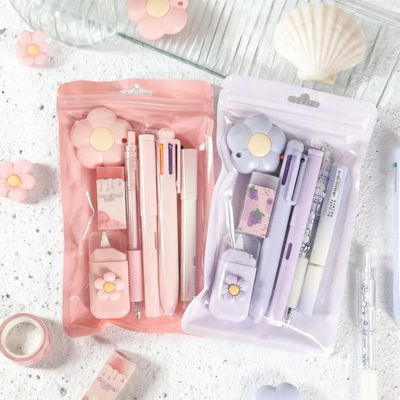 Cute Kawaii Floral Stationery Set, Aesthetic Pastel School Supplies Kit with Gel Pens, Correction Tape, Pencil Sharpener, Ruler for Students Girls Back to School Gift