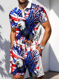 American Vintage Flag Eagle Print Men's Polo Set, Summer Short Sleeve Shorts Two-Piece Set, Cool Breathable Streetwear Casual Sports