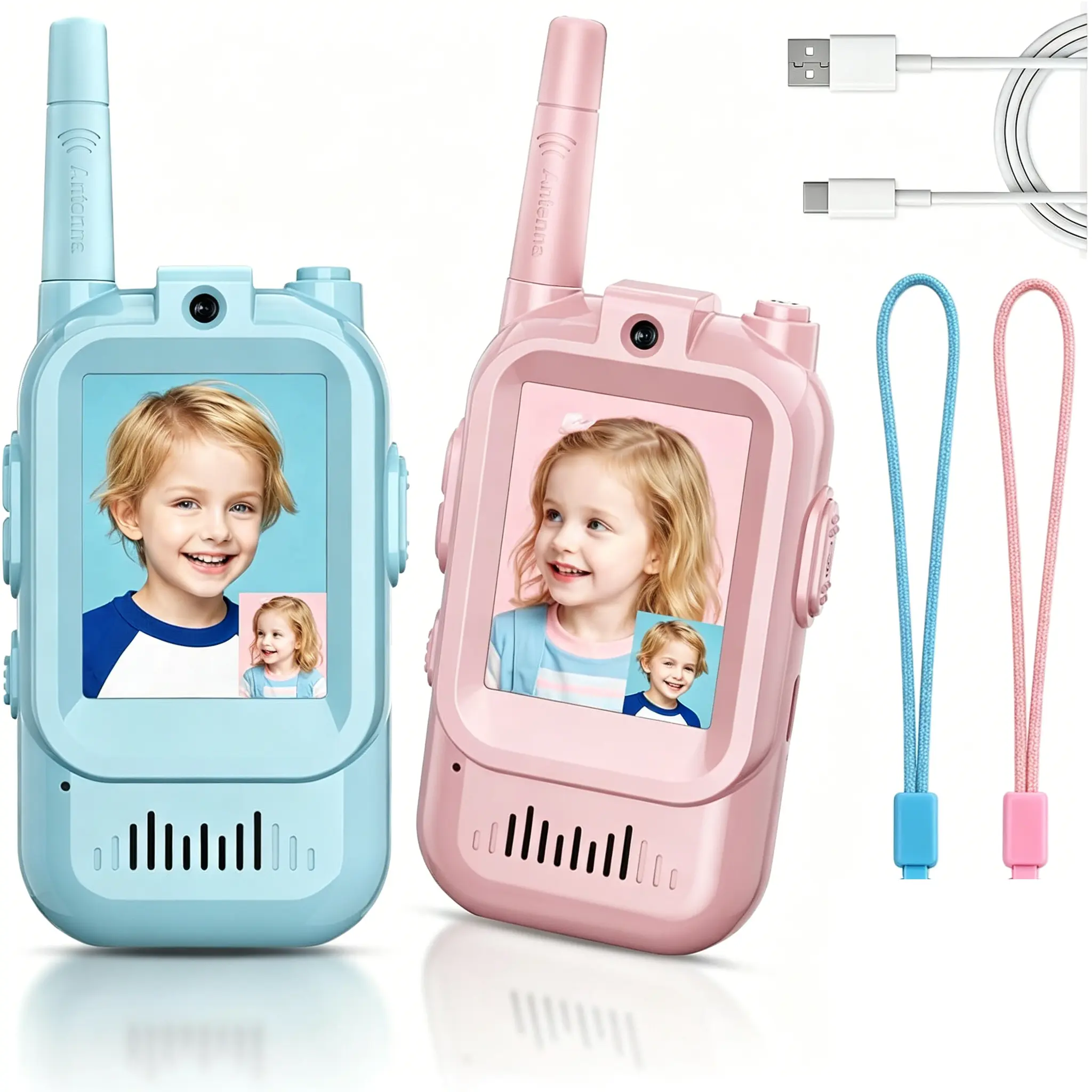2 Pack Kids Video Walkie Talkie, Type-C Rechargeable Long Range Video Call Toy, No WiFi Needed Portable Interactive Game Toy, Ideal Birthday Christmas Gift for Boys Girls Outdoor Camping Travel